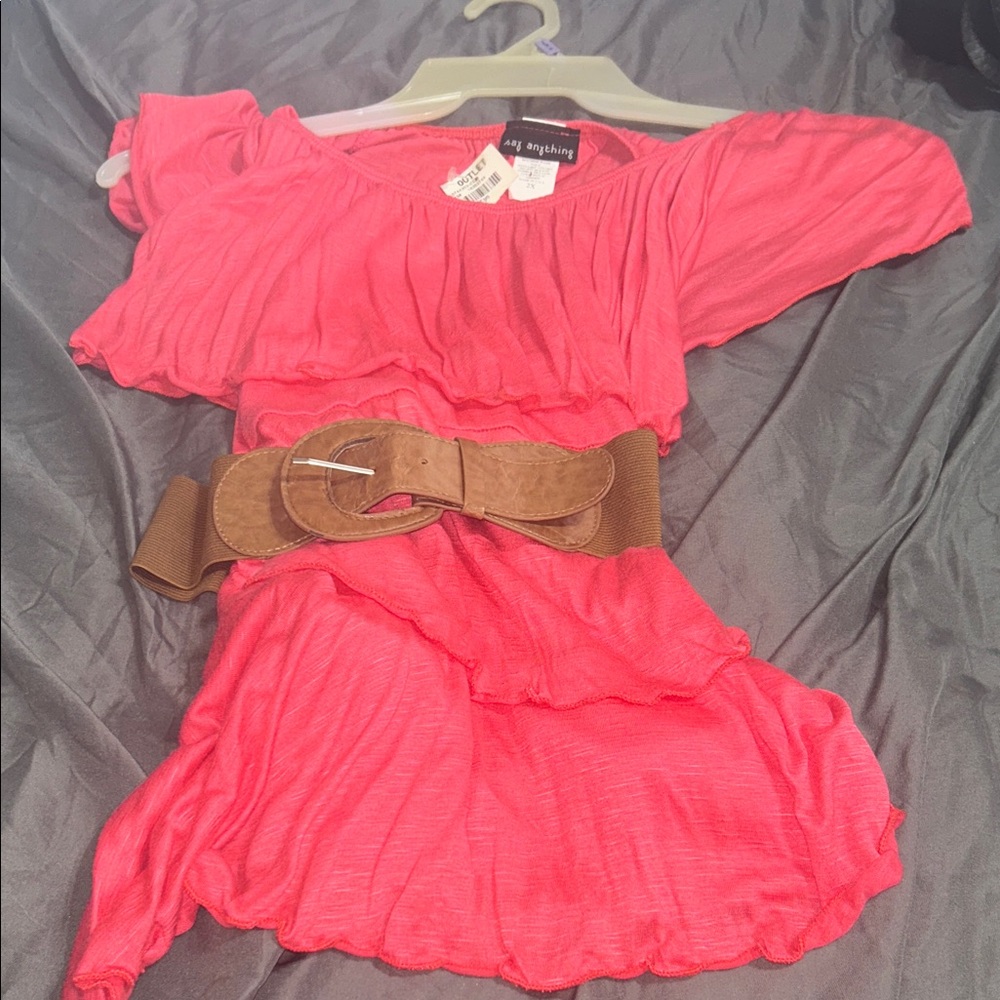 My Michelle Pink Off-Shoulder Blouse with Tan Belt
